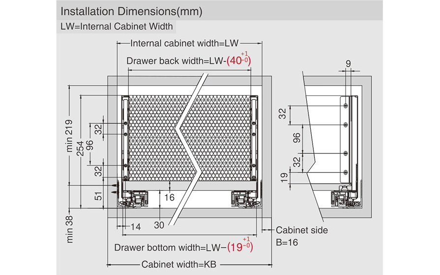 Slim drawer HT14, dimensions 238 x 500 mm, full extension slides with soft closing, loading capacity 40 kg, anthracite color.