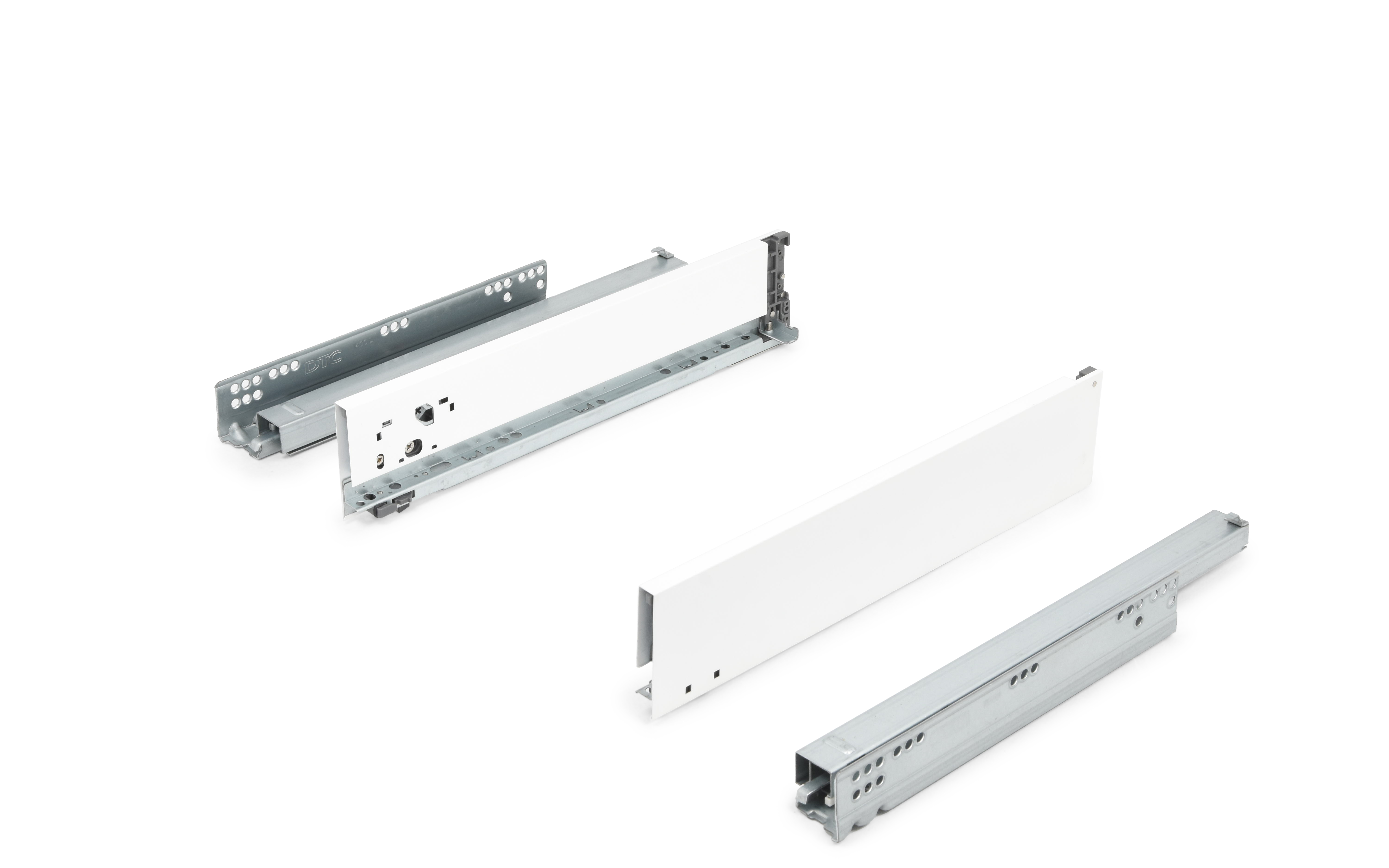 Predal HT11 z ravnimi, tankimi stranicami, dimenzije 88 x 450 mm, mehko zapiranje, polni izvlek,  bele barve, nosilnost do 40 kg.