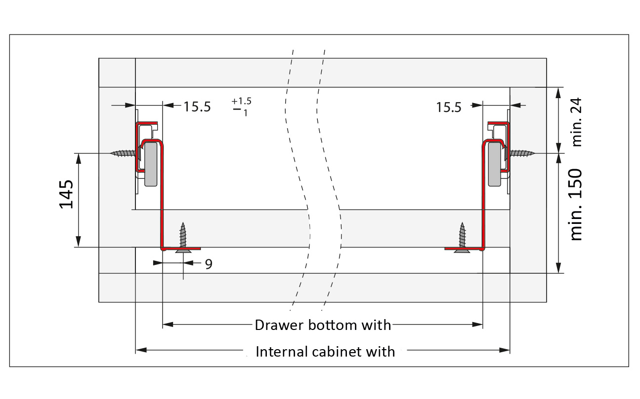 F 14 single wall drawer system, dimension 150 x 300 mm, loading capacity up to 25 kg, white color.