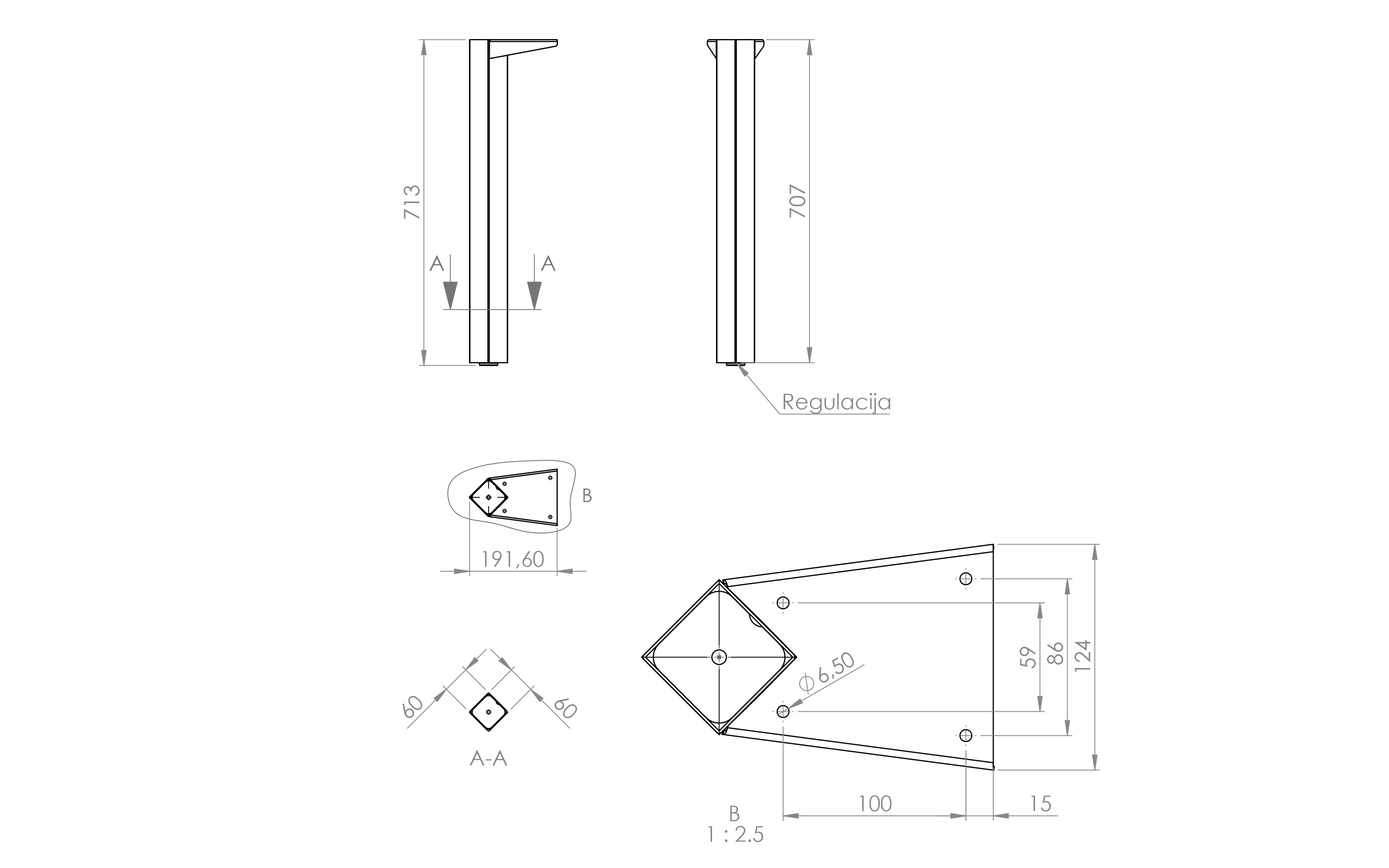 Table leg ALEXIS, 60 x 60 mm, grey structure color Table leg ALEXIS, 60 x 60 mm, grey structure color