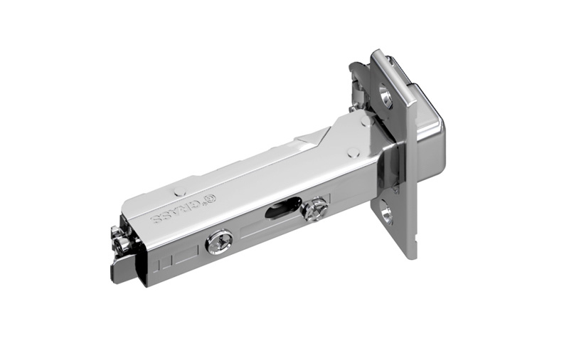 Grass Tiomos overlay hinge, opening angle 110° K=3; soft close, max. door thickness 24 mm.