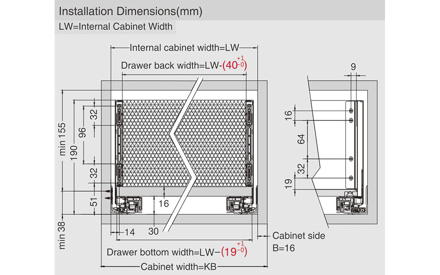 Slim drawer HT13, dimensions 172 x 550 mm, full extension slides with soft closing, loading capacity 40 kg, white color.