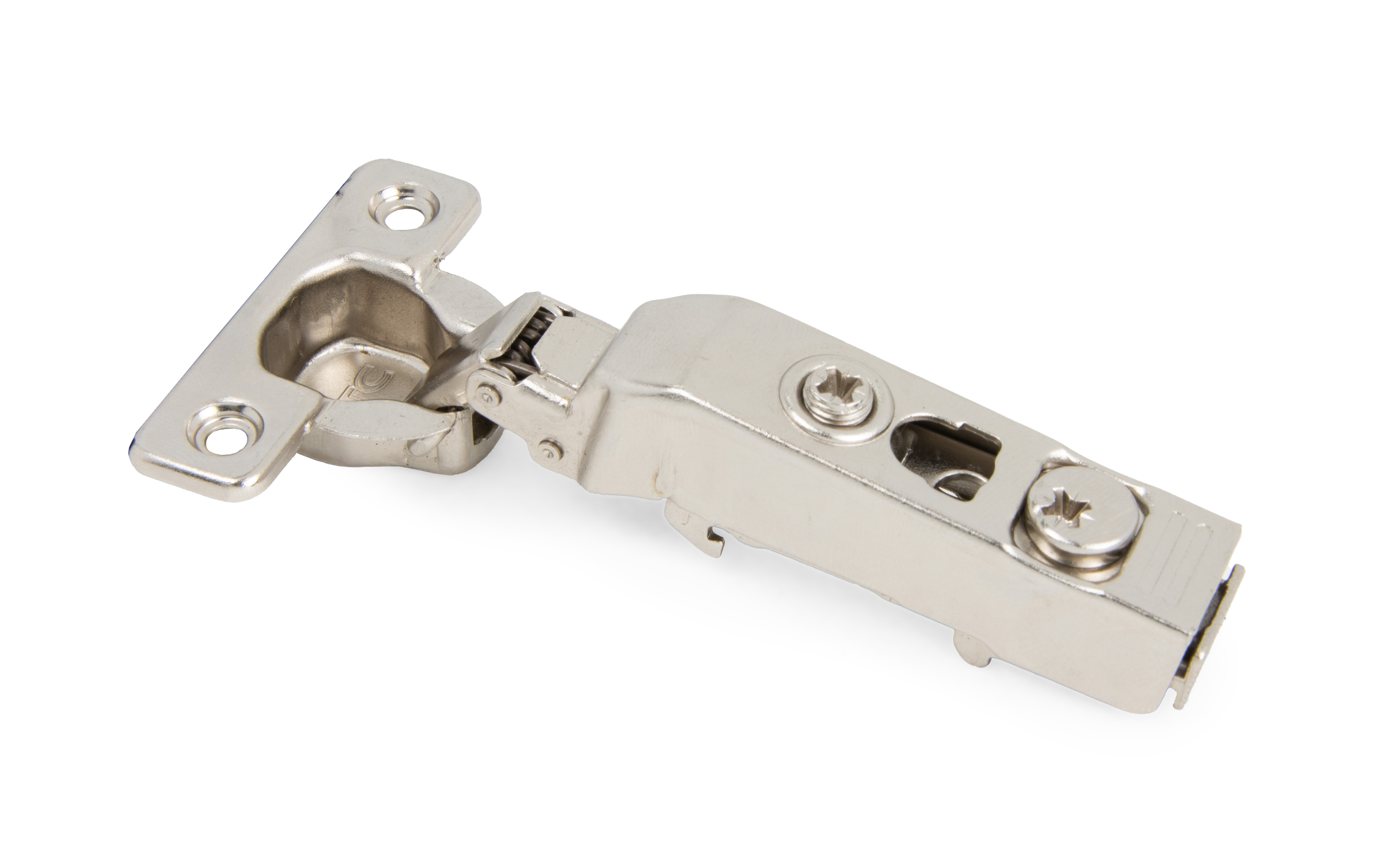 Full overlay DTC mini hinge without soft close. Hinge cup diameter 26 mm, opening angle 110°.
