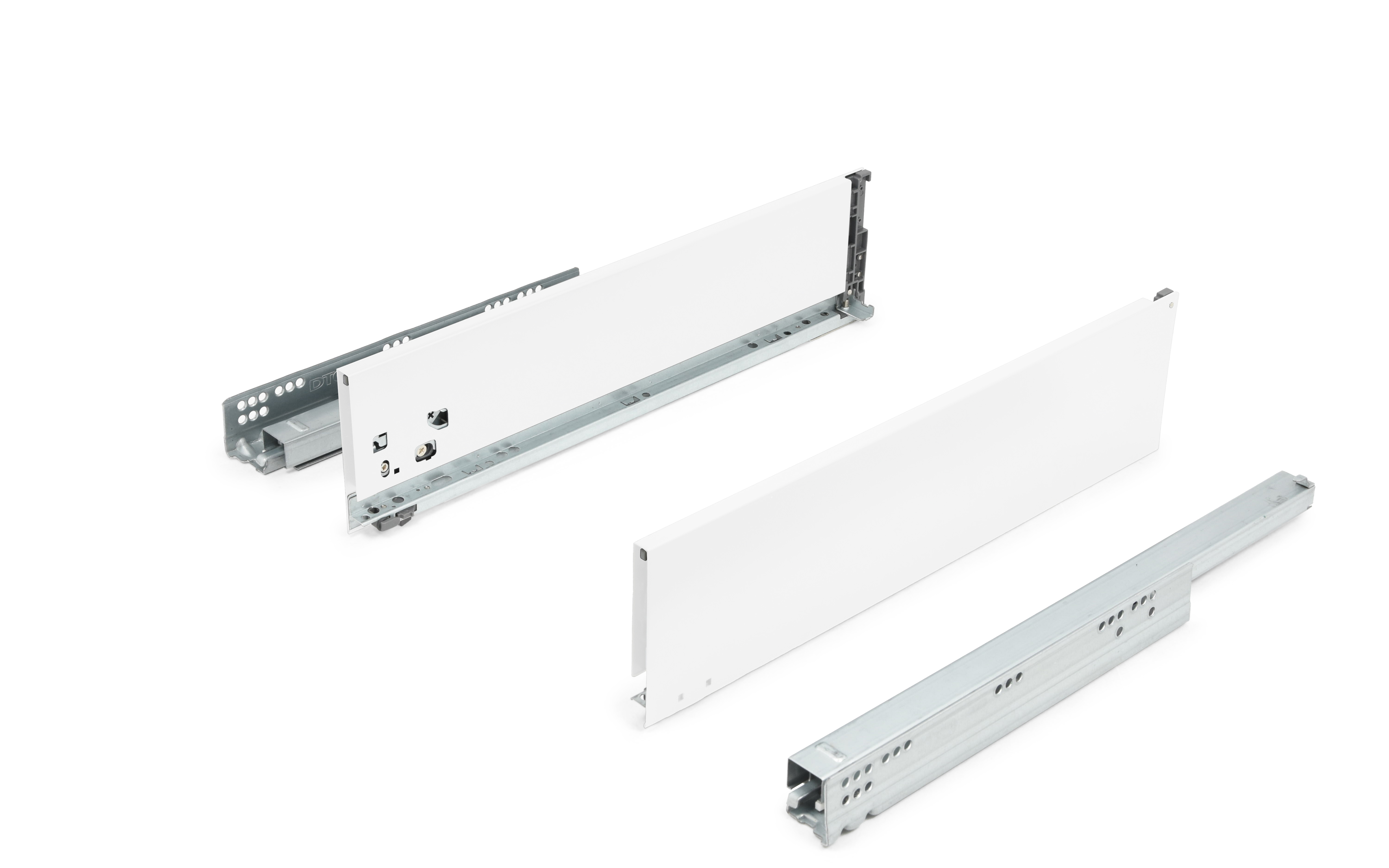 Predal HT12 z ravnimi, tankimi stranicami, dimenzije 126 x 500 mm, mehko zapiranje, polni izvlek,  bele barve, nosilnost do 40 kg.