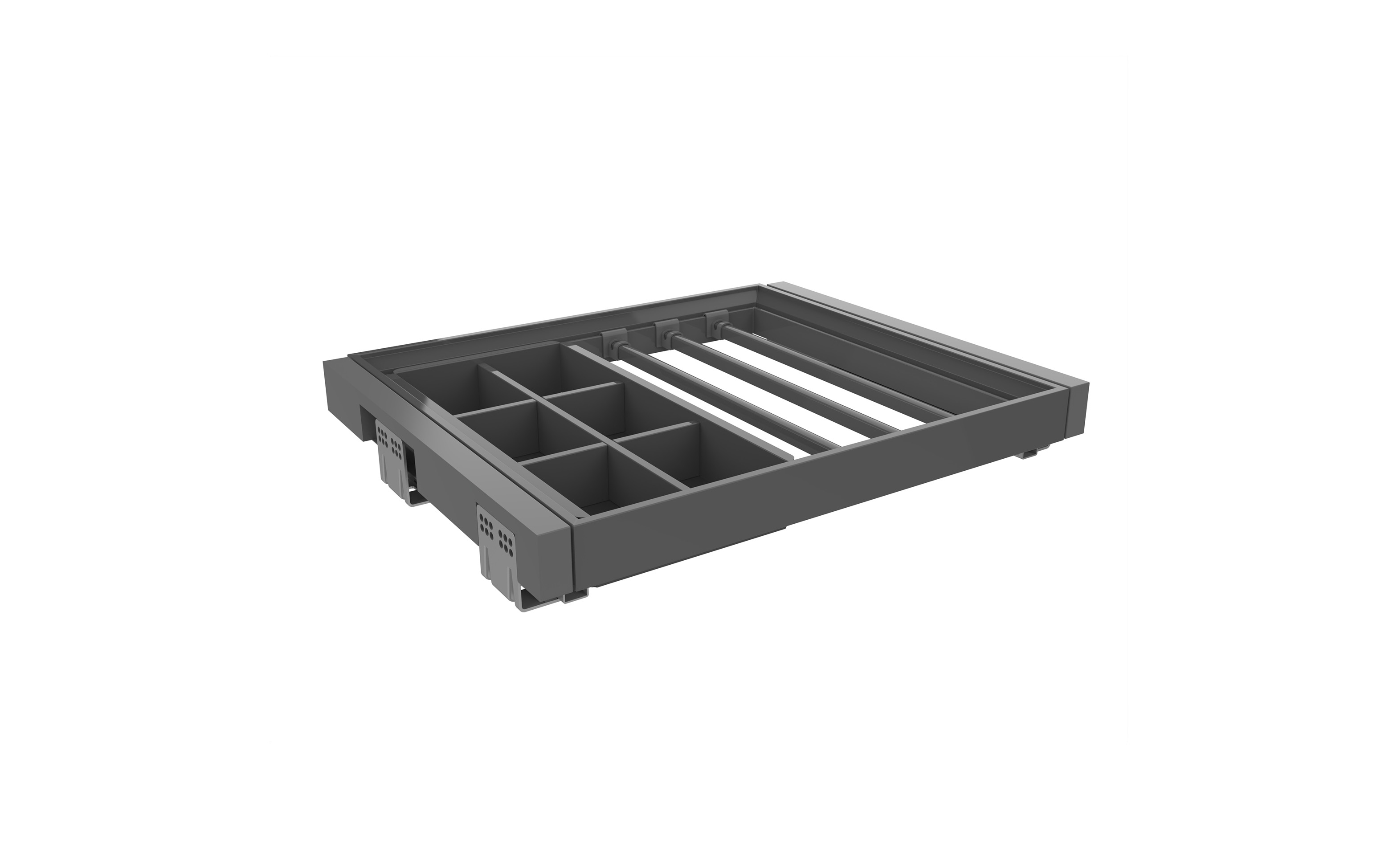 Izvlečni predal za hlače in pasove, z vodili z mehkim zapiranjem