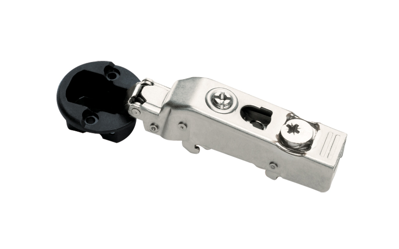 Full overlay DTC mini glass door hinge with soft close. Hinge cup diameter 26 mm, opening angle 110°