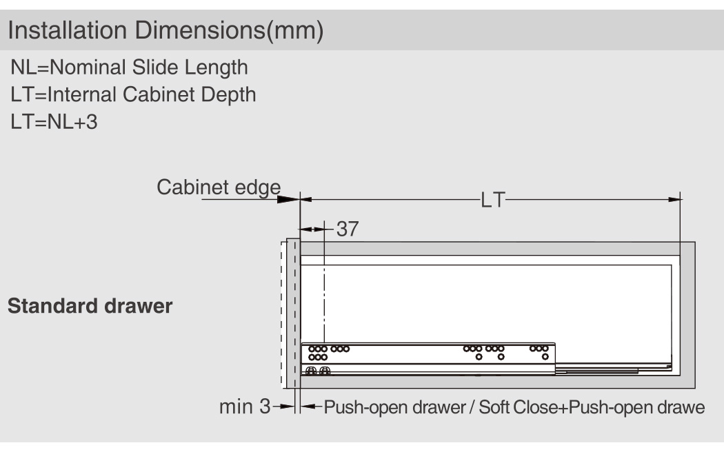 Slim drawer HT14, dimensions 238 x 500 mm, full extension slides with soft closing, loading capacity 40 kg, anthracite color.