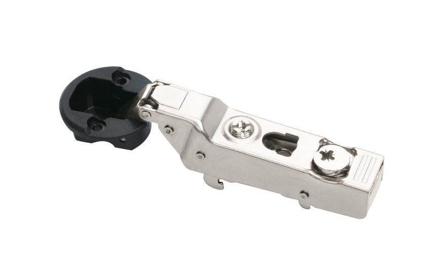 Inset DTC mini glass door hinge with soft close. Hinge cup diameter 26 mm, opening angle 110°.