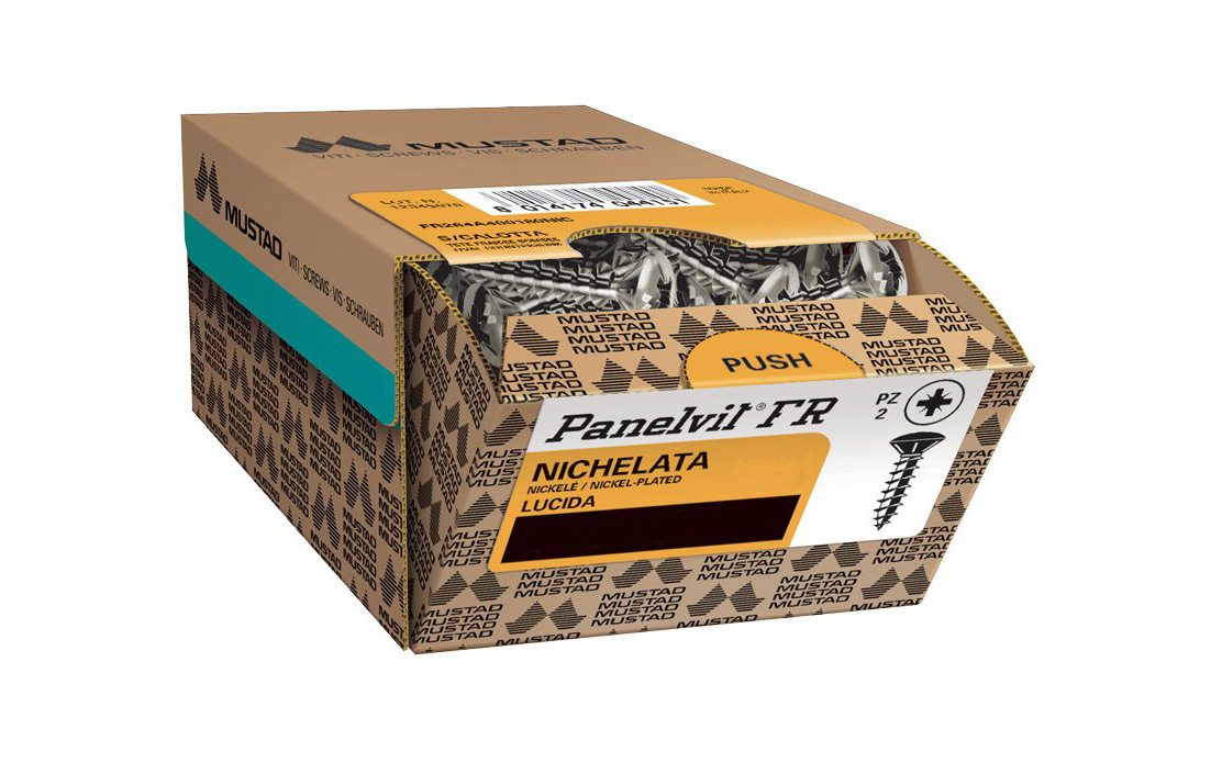 Countersunk Raised Head Screw Mustad Panelvit FR, 3.5 x 16 mm, full thread, nickel plated, PZ2, packed 500 pieces