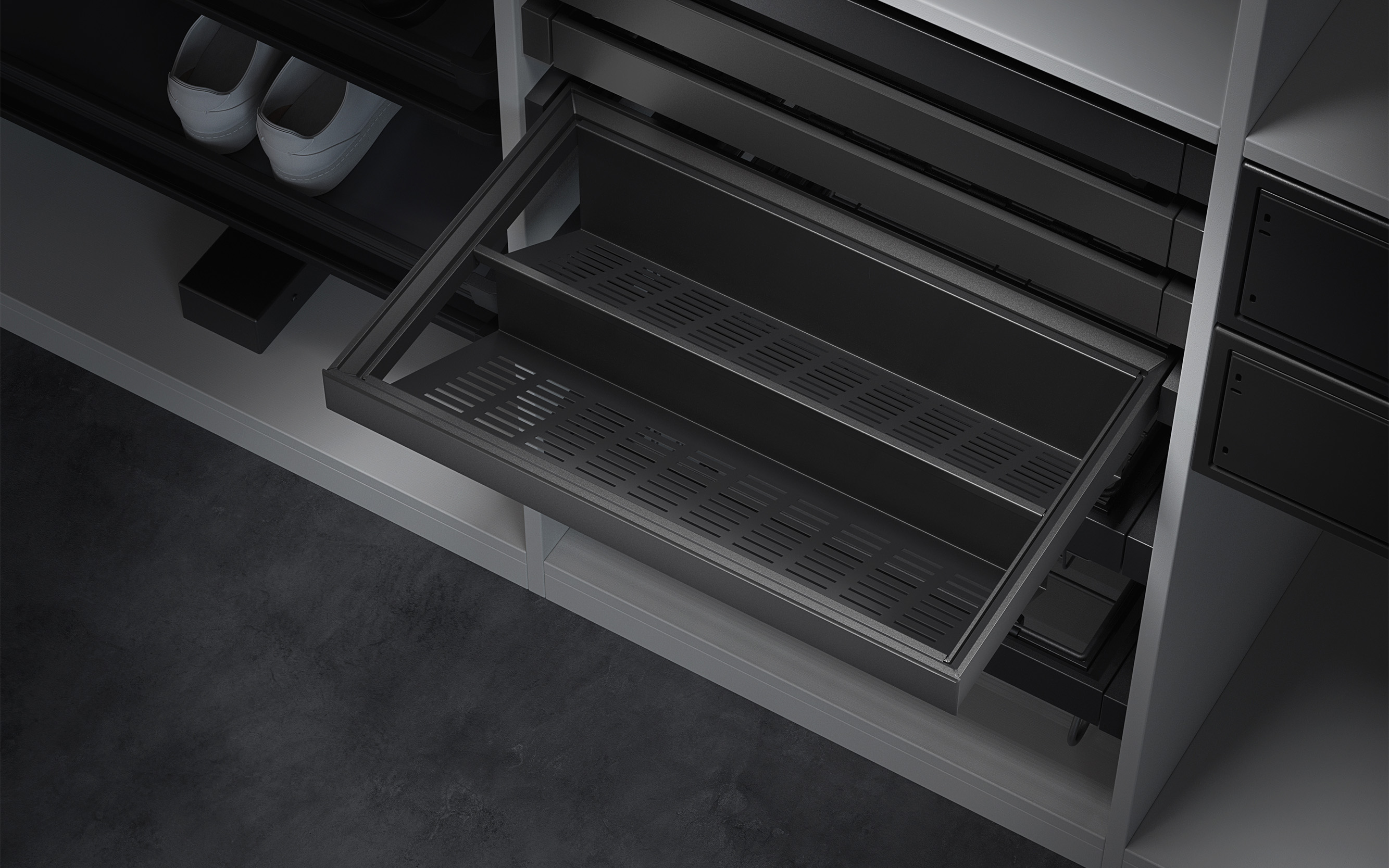 Shoe rack with soft close system