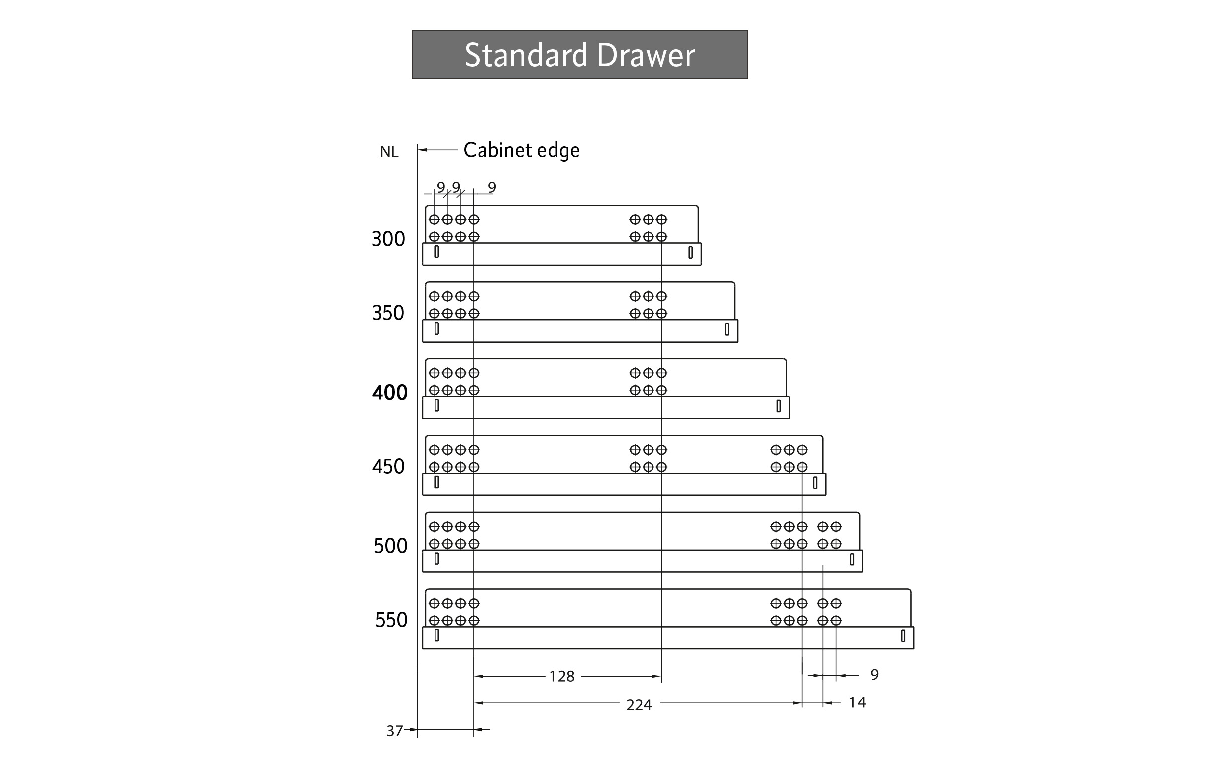 DTC concealed slides 400 mm, partial extension, soft close, loading capacity up to 25 kg