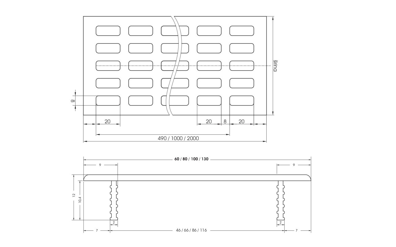 Aluminium ventilation grid, 60 x 2000 mm, grey color