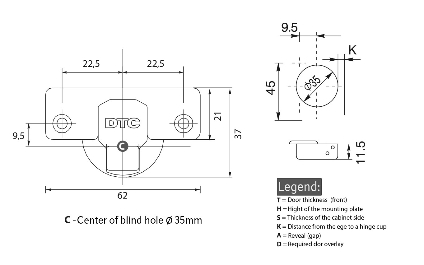 Full overlay hinge with soft close. Opening angle 110°. Full overlay hinge with soft close. Opening angle 110°.