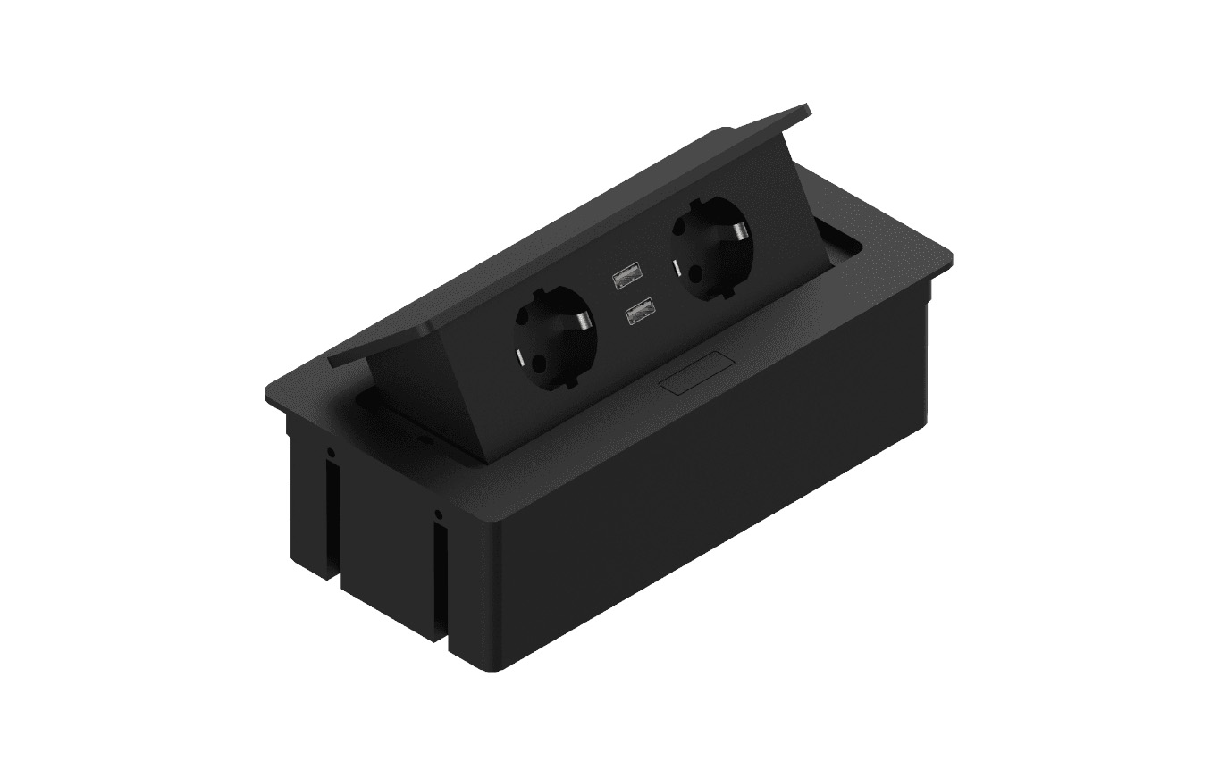 ELEKTRIMA KWADRO Rectangular recessed tabletop socket, 2x schuko socket, 2xUSB 2,1A 5V metal / plastic black
